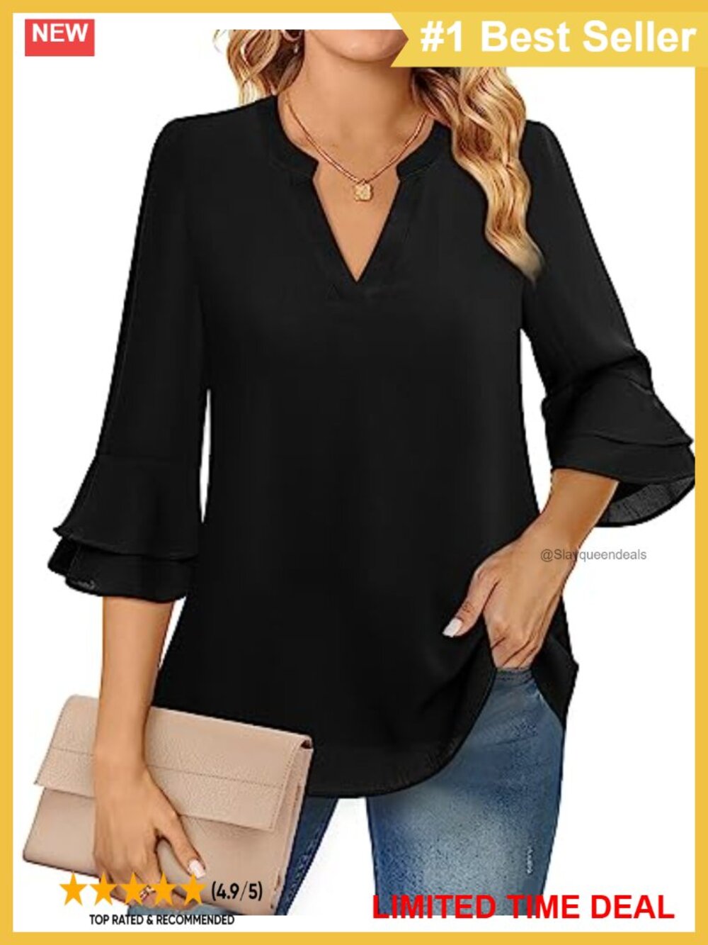 Womens Chiffon Blouse 3/4 Ruffle Sleeve V-Neck Business Casual Top